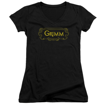 Black juniors v-neck t-shirt with Grimm Plaque Logo graphic