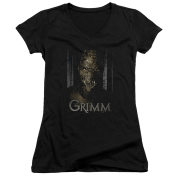 Black juniors v-neck t-shirt with Grimm Chompers graphic
