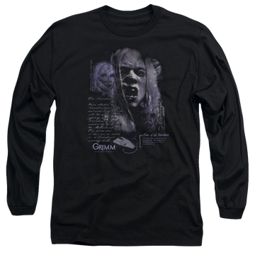 Black men's long sleeve t-shirt with Grimm Lady Hexenbeast graphic