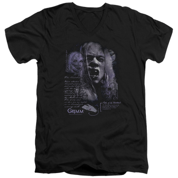 Black men's v-neck t-shirt with Grimm Lady Hexenbeast graphic