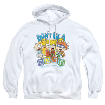 White pullover hoodie with Rugrats Don't Be A Baby Blocks graphic