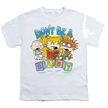 White youth t-shirt for ages 8 to 12 with Rugrats Don't Be A Baby Blocks graphic