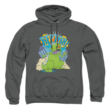 Charcoal pullover hoodie with Rugrats Reptar Stomp graphic