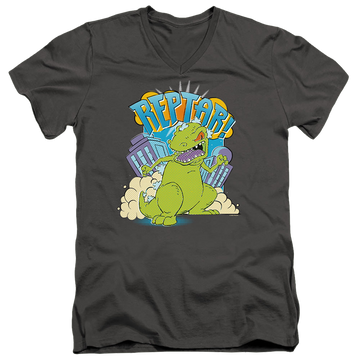 Charcoal men's v-neck t-shirt with Rugrats Reptar Stomp graphic