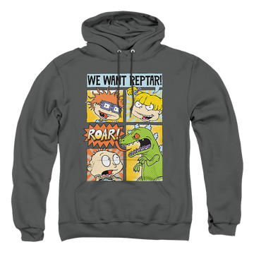 Charcoal pullover hoodie with Rugrats We Want Reptar! Comic graphic