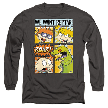 Charcoal men's long sleeve t-shirt with Rugrats We Want Reptar! Comic graphic