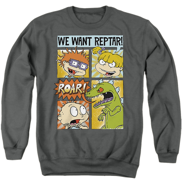 Charcoal men's crewneck sweatshirt with Rugrats We Want Reptar! Comic graphic