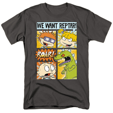 Charcoal men's regular fit t-shirt with Rugrats We Want Reptar! Comic graphic