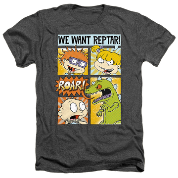 Charcoal men's heather t-shirt with Rugrats We Want Reptar! Comic graphic