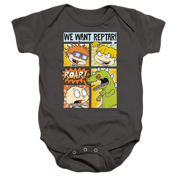 Charcoal baby bodysuit with Rugrats We Want Reptar! Comic graphic