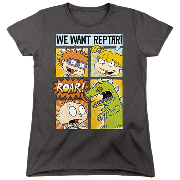 Charcoal women's t-shirt with Rugrats We Want Reptar! Comic graphic