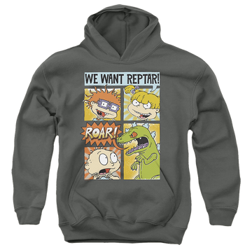 Charcoal youth hoodie for ages 8 to 12 with Rugrats We Want Reptar! Comic graphic