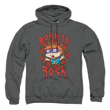 Charcoal pullover hoodie with Rugrats Chucky Was Born To Rock graphic