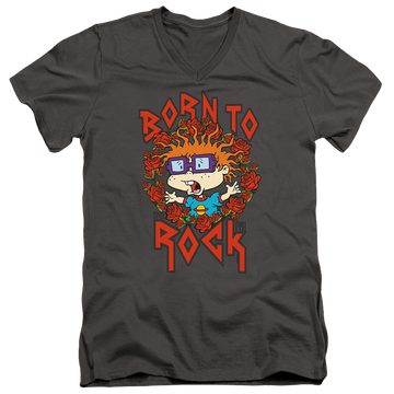 Charcoal men's v-neck t-shirt with Rugrats Chucky Was Born To Rock graphic