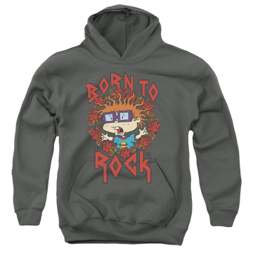 Charcoal youth hoodie for ages 8 to 12 with Rugrats Chucky Was Born To Rock graphic