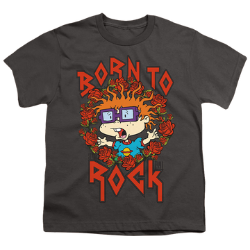 Charcoal youth t-shirt for ages 8 to 12 with Rugrats Chucky Was Born To Rock graphic