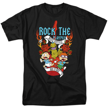 Black men's regular fit t-shirt with Rugrats Rock The Playpen Music Festival graphic