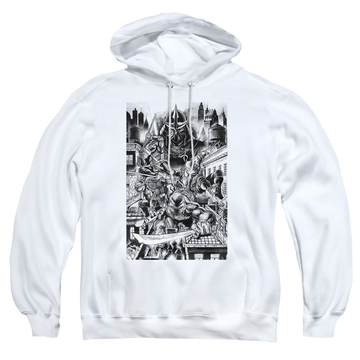White pullover hoodie with Teenage Mutant Ninja Turtles Take Down Shredder graphic