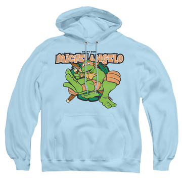 Light blue pullover hoodie with Teenage Mutant Ninja Turtles Party Dude Michelangelo graphic