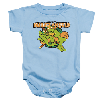 Light blue baby bodysuit with Teenage Mutant Ninja Turtles Party Dude Michelangelo graphic