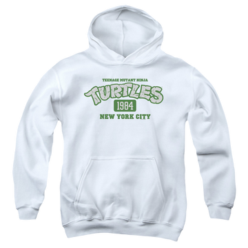 White youth hoodie for ages 8 to 12 with Teenage Mutant Ninja Turtles Est. 1984 Nyc graphic