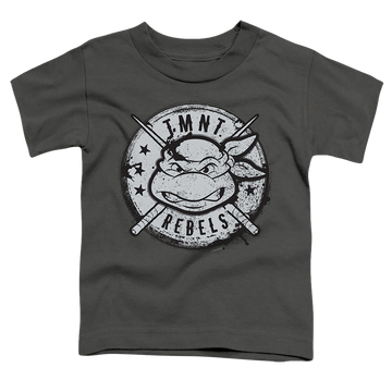Charcoal kid's t-shirt for ages 4 to 7 with Teenage Mutant Ninja Turtles Rebels Distressed Logo graphic