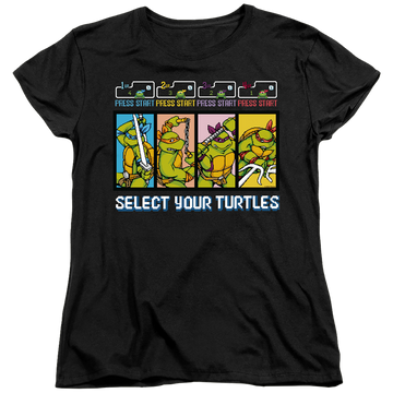 Black women's t-shirt with Teenage Mutant Ninja Turtles Select Your Turtles graphic