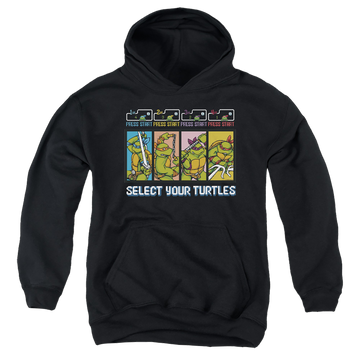 Black youth hoodie for ages 8 to 12 with Teenage Mutant Ninja Turtles Select Your Turtles graphic