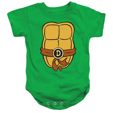Kelly green baby bodysuit with Teenage Mutant Ninja Turtles Donatello Chest graphic