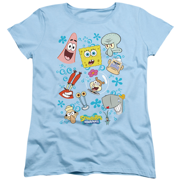 Light blue women's t-shirt with SpongeBob SquarePants Character Faces graphic