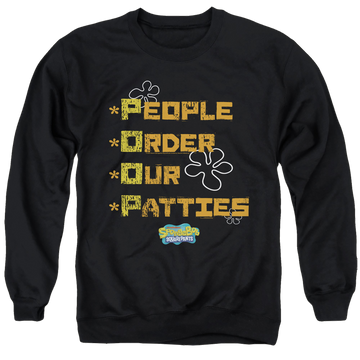 Black men's crewneck sweatshirt with SpongeBob SquarePants People Order Our Patties graphic