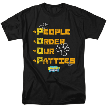 Black men's regular fit t-shirt with SpongeBob SquarePants People Order Our Patties graphic