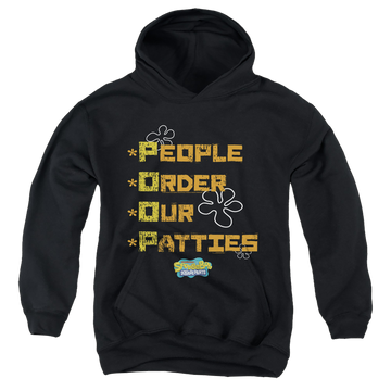 Black youth hoodie for ages 8 to 12 with SpongeBob SquarePants People Order Our Patties graphic