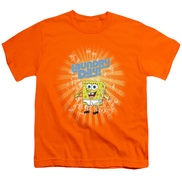 Orange youth t-shirt for ages 8 to 12 with SpongeBob SquarePants Laundry Day! graphic