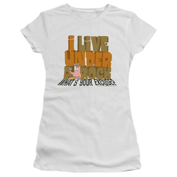 White juniors t-shirt with SpongeBob SquarePants What's Your Excuse? graphic