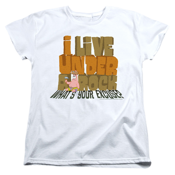 White women's t-shirt with SpongeBob SquarePants What's Your Excuse? graphic