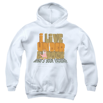 White youth hoodie for ages 8 to 12 with SpongeBob SquarePants What's Your Excuse? graphic