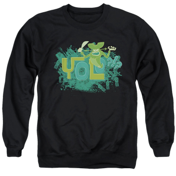 Black men's crewneck sweatshirt with SpongeBob SquarePants Yolo?!? graphic