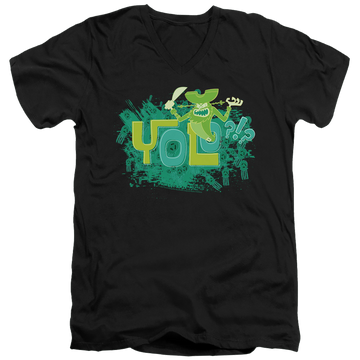 Black men's v-neck t-shirt with SpongeBob SquarePants Yolo?!? graphic