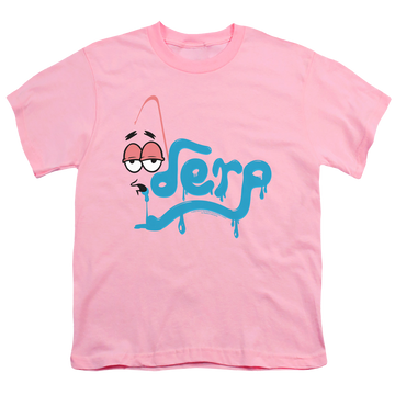 Pink youth t-shirt for ages 8 to 12 with SpongeBob SquarePants Derp graphic