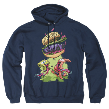 Navy pullover hoodie with SpongeBob SquarePants Krabby Patty From The Sky graphic