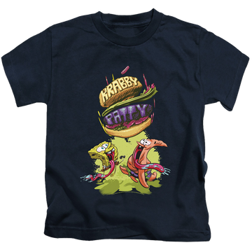 Navy kid's t-shirt for ages 4 to 7 with SpongeBob SquarePants Krabby Patty From The Sky graphic