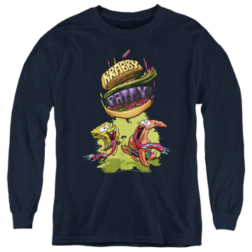 Navy youth long sleeve t-shirt with SpongeBob SquarePants Krabby Patty From The Sky graphic