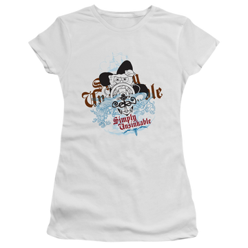 White juniors t-shirt with SpongeBob SquarePants Simply Unsinkable graphic