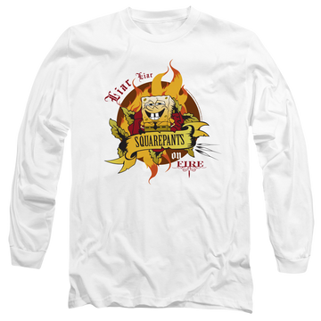 White men's long sleeve t-shirt with SpongeBob SquarePants Liar Pants On Fire graphic