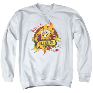 White men's crewneck sweatshirt with SpongeBob SquarePants Liar Pants On Fire graphic