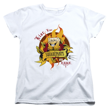 White women's t-shirt with SpongeBob SquarePants Liar Pants On Fire graphic