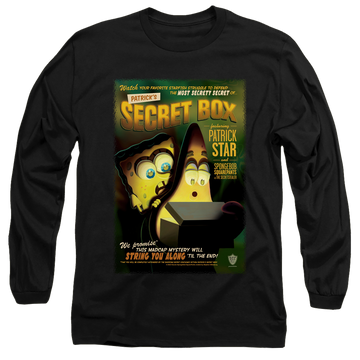 Black men's long sleeve t-shirt with SpongeBob SquarePants Patrick’S Secret Box graphic