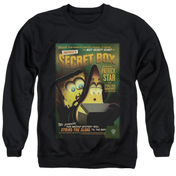 Black men's crewneck sweatshirt with SpongeBob SquarePants Patrick’S Secret Box graphic