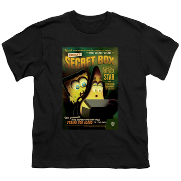 Black youth t-shirt for ages 8 to 12 with SpongeBob SquarePants Patrick’S Secret Box graphic